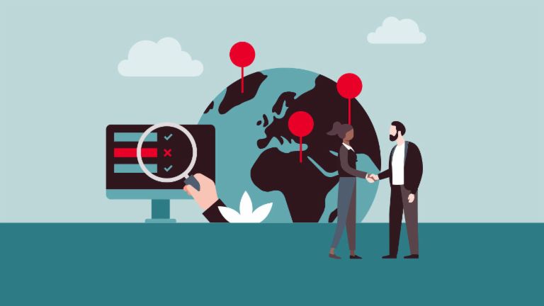 Eine Illustration zeigt einen Mann und eine Frau in Businesskleidung, die einander die Hände schütteln. Im Hintergrund ist eine Weltkugel mit mehreren Ortsmarken zu sehen – und eine stilisierte Gewinn- und Verlustrechnung.